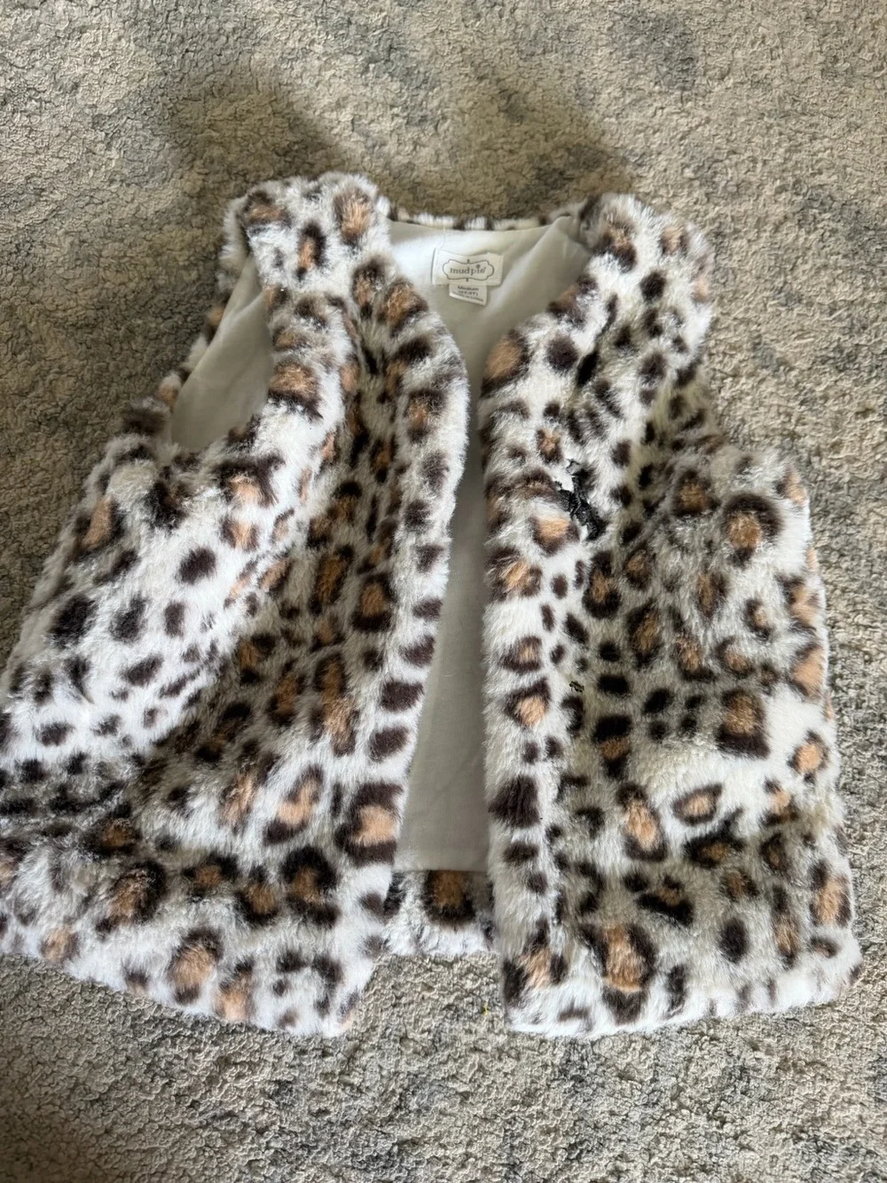 Mud Pie Cream Faux Fur Leopard Vest with Brown Spots